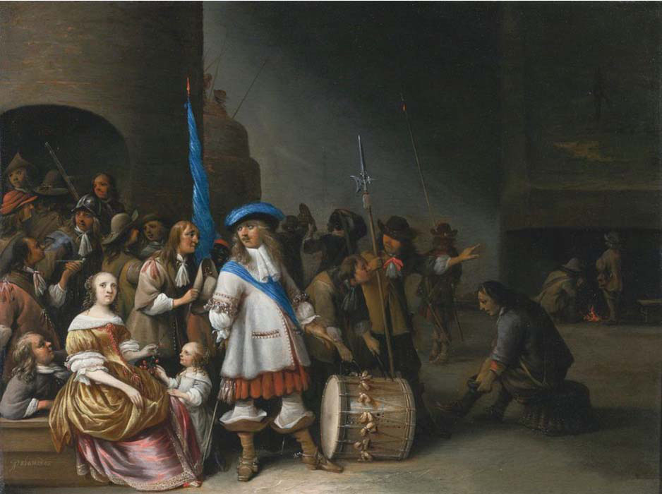 guardroom interior with an officer his men a mother and child